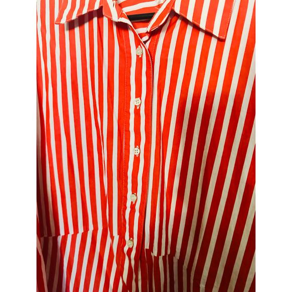 FAVORITE DAUGHTER Red White Stripe Pattern Front Button Open Hem Shirt sz Large - Picture 8 of 13
